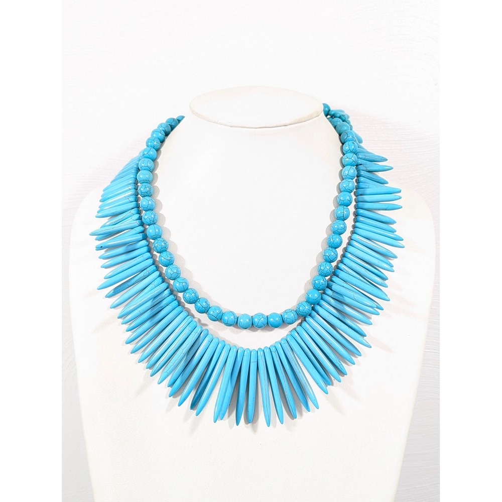 Heavy Faux Turquoise Fringe Necklace 23" Western Boho Statement